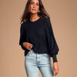 Free People Billie Balloon Sleeve Ribbed Lightweight Sweater Black M